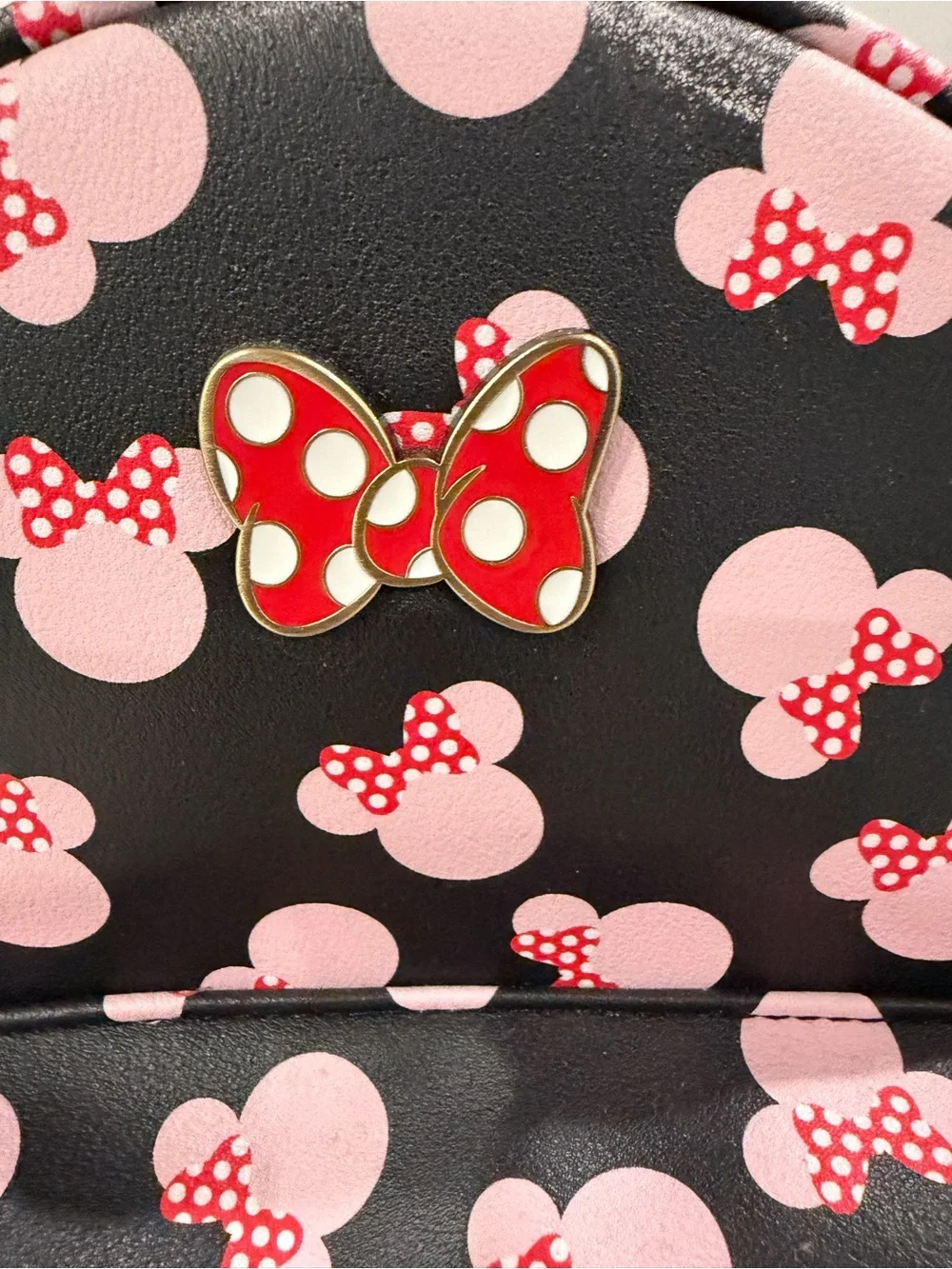 Loungefly Black and Pink Minnie Mouse Mini Backpack with Red Bow Pin